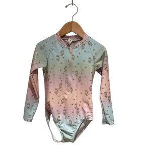 Huxbaby Pastel & Gold Pink and Blue Mermaid Print Rashguard Swimsuit - size 4